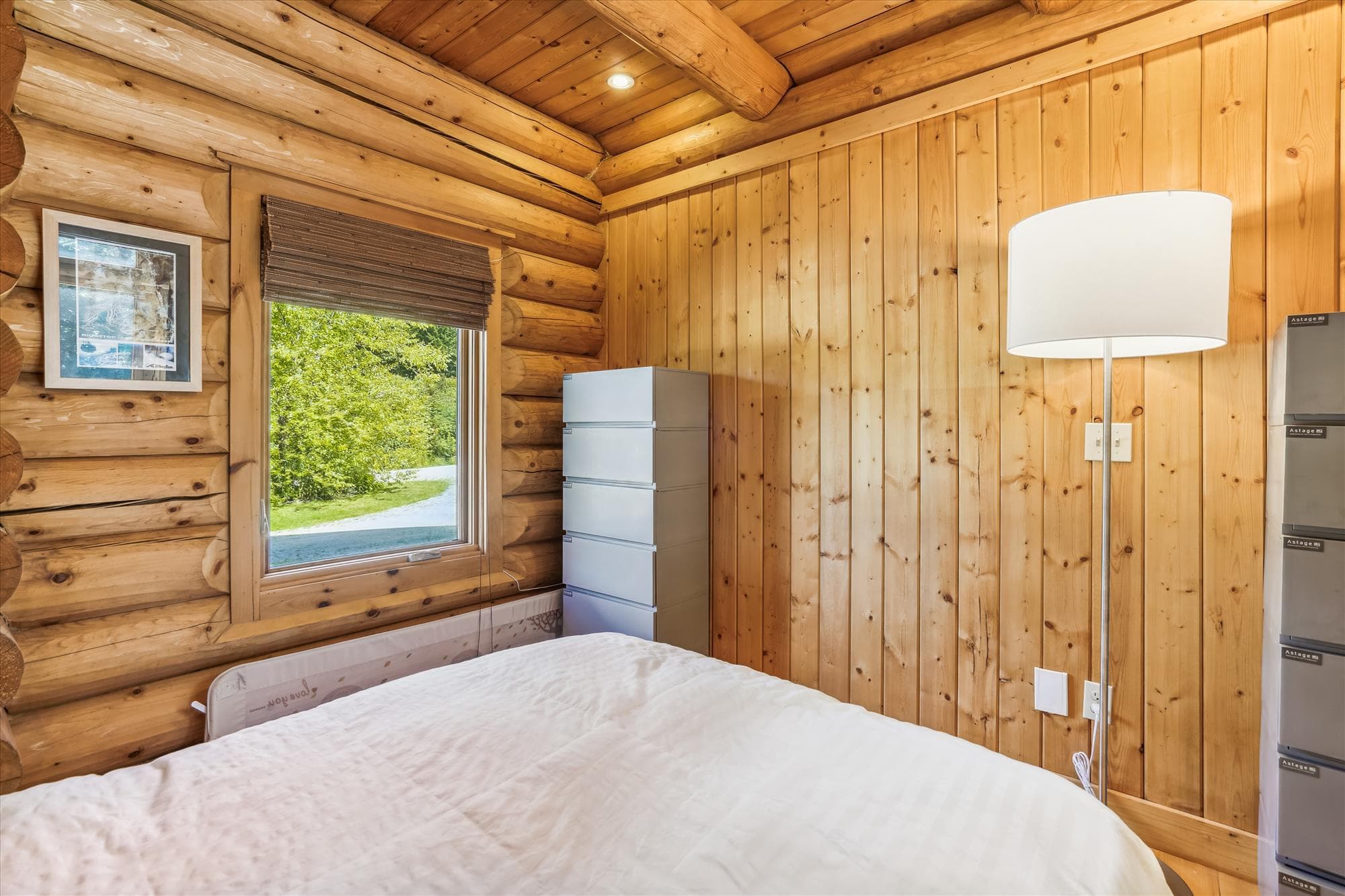 Bright windows and storage.