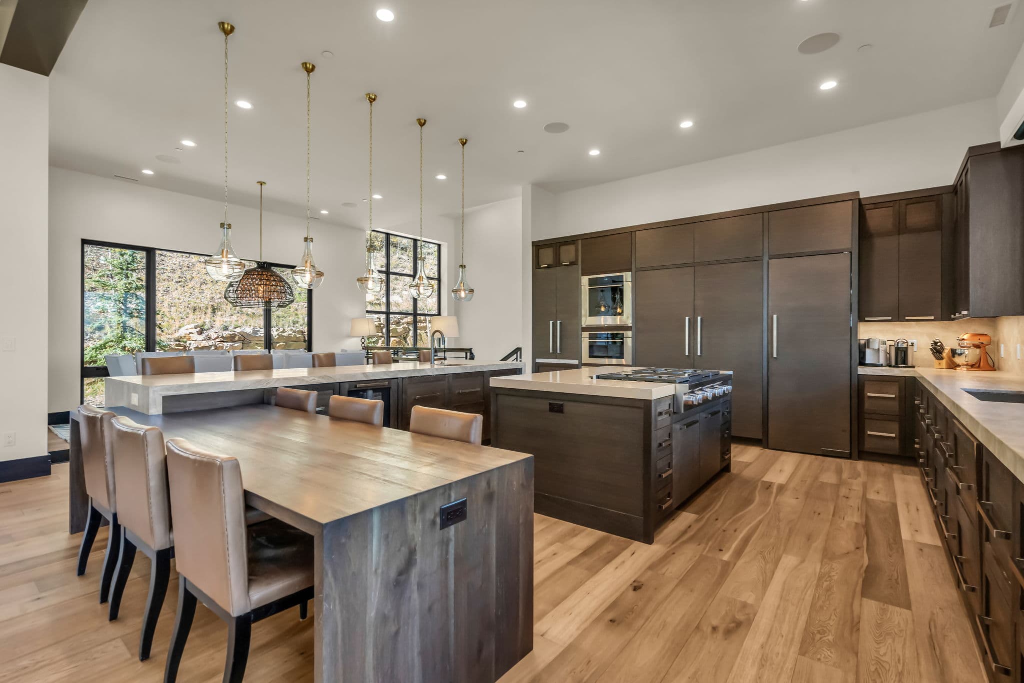 Kitchen with Island, Breakfast Bar Table, Dining Table, and Chairs
