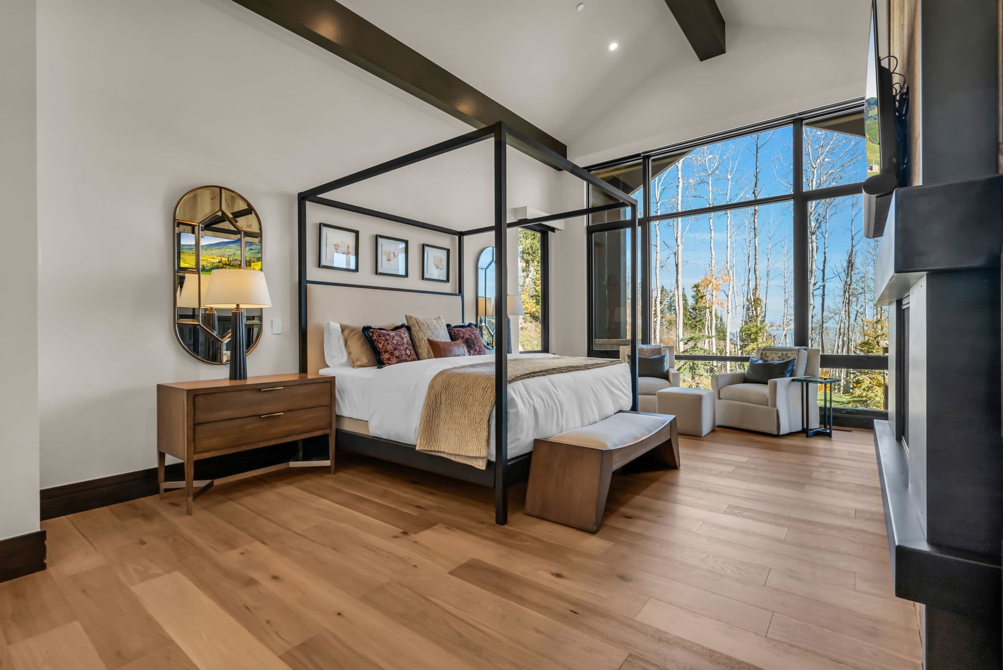 Four-Poster Bed, Bedside Table, Bed Bench, Mirror, and Accent Chairs