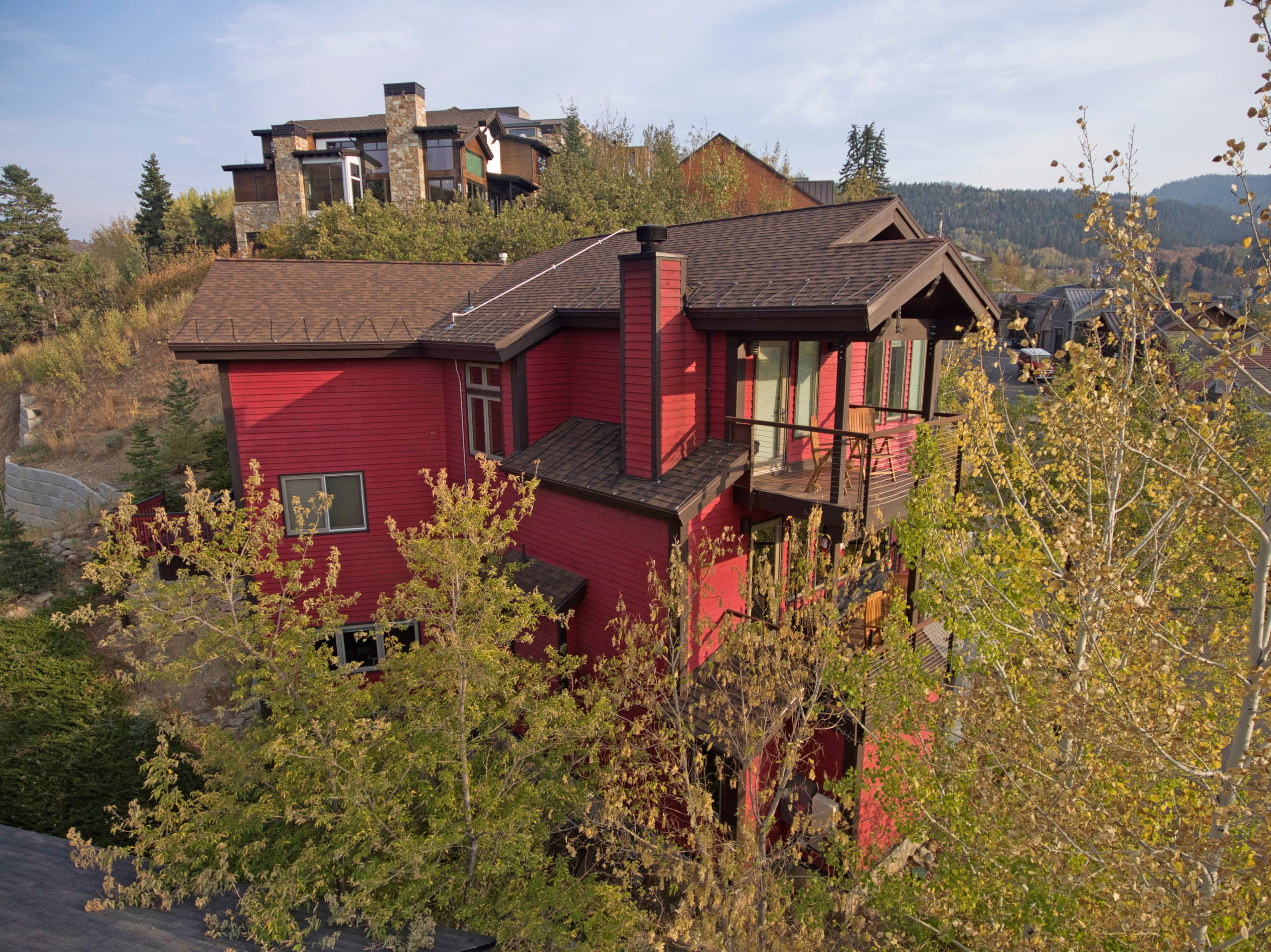 House, Red Exterior, Roof, Large Windows, Balcony