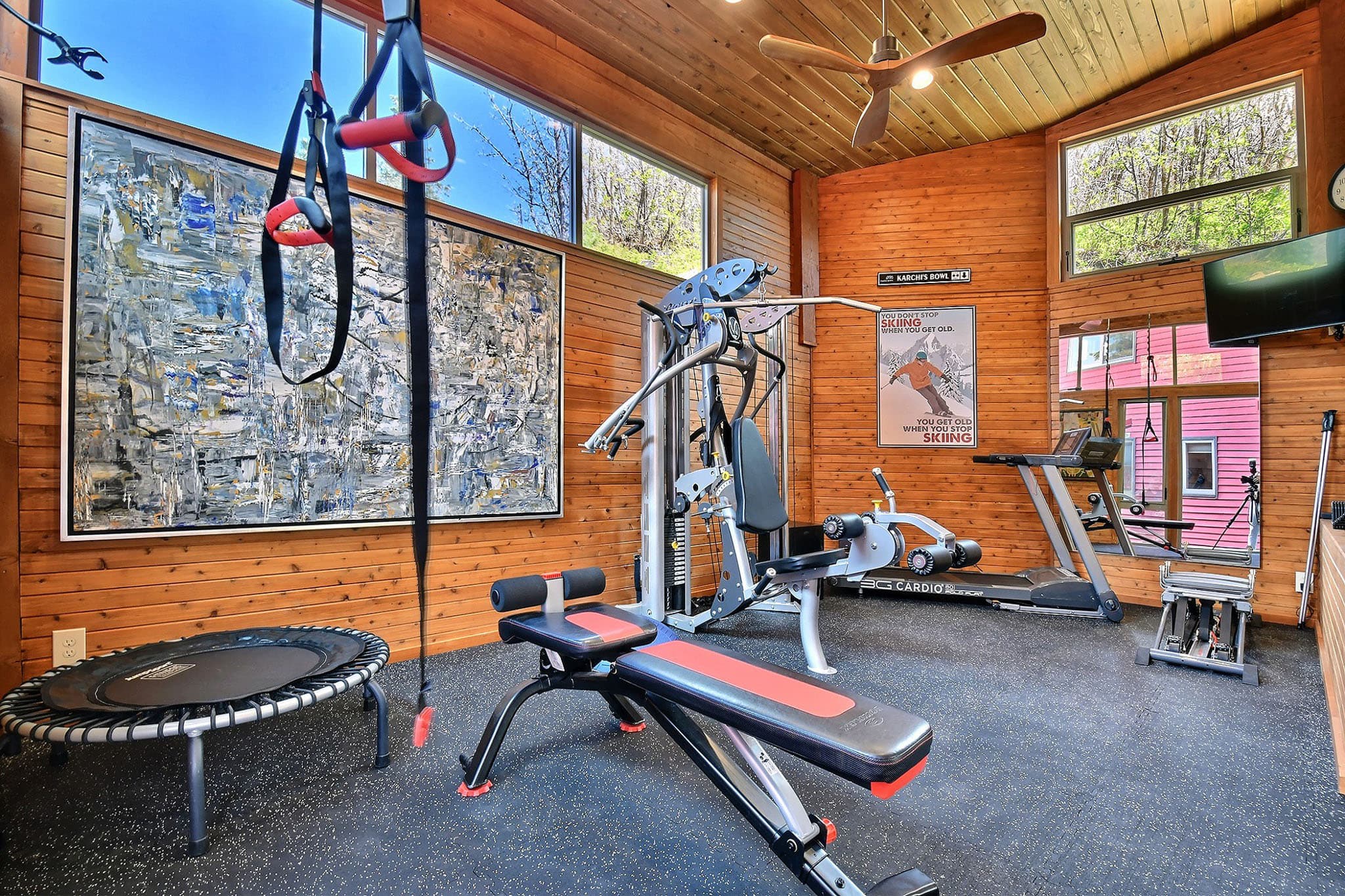 Weightlifting Equipment, Mini Trampoline, Treadmill inside Home Gym