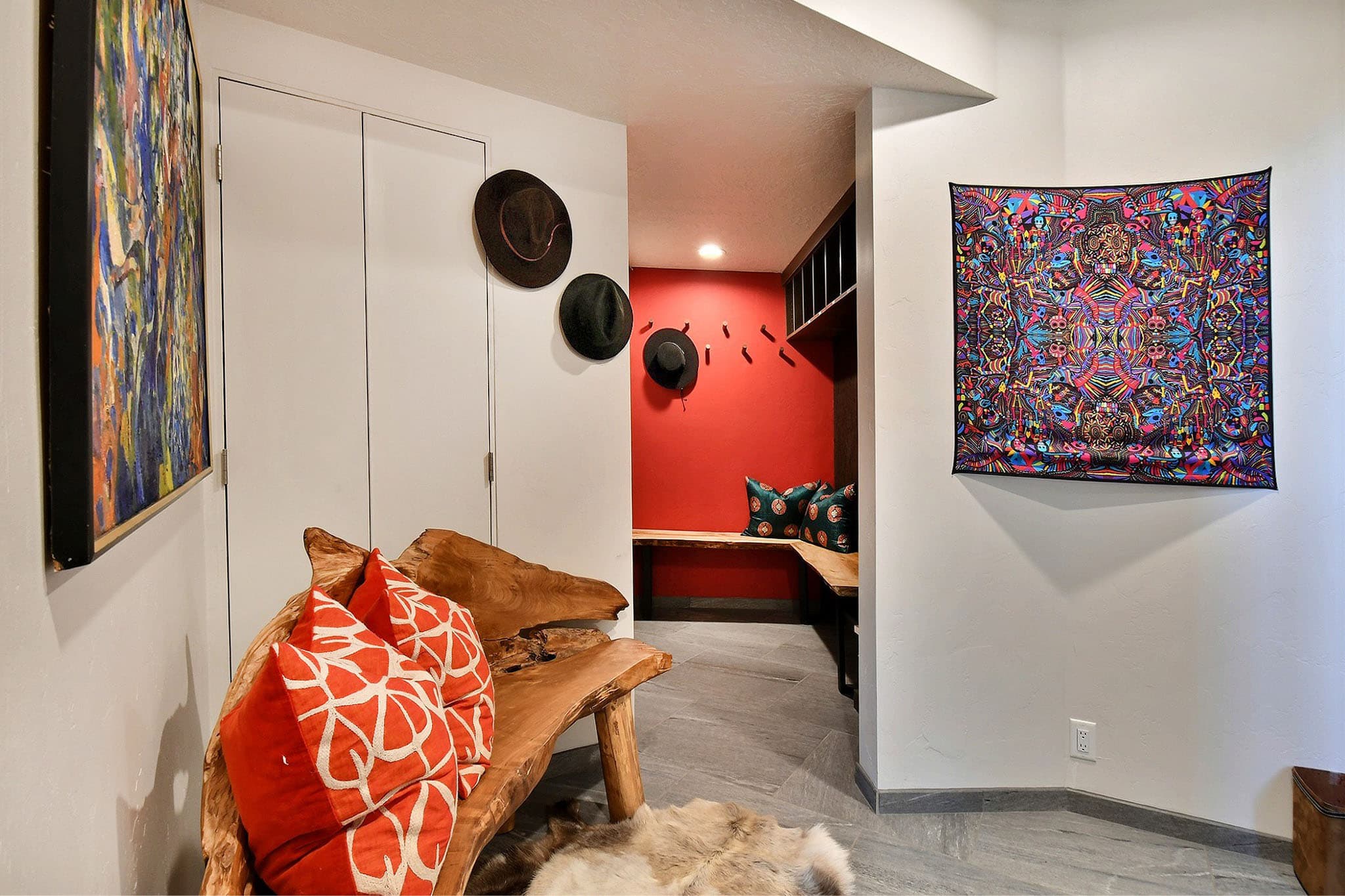 Two Paintings, Pillow, Wooden Bench, Hats