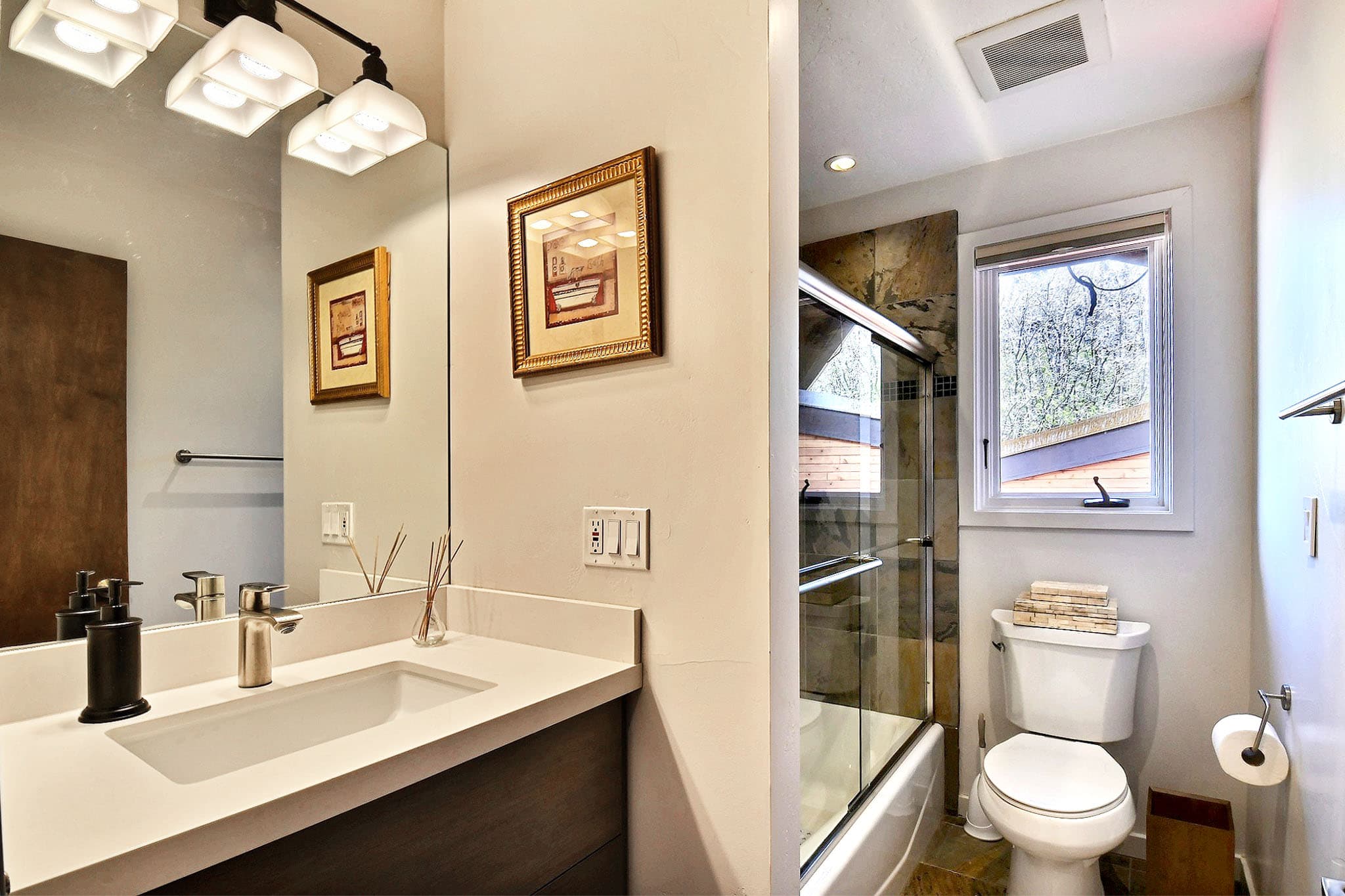 Large Mirror, Sink, Toilet, Shower Bath, Painting