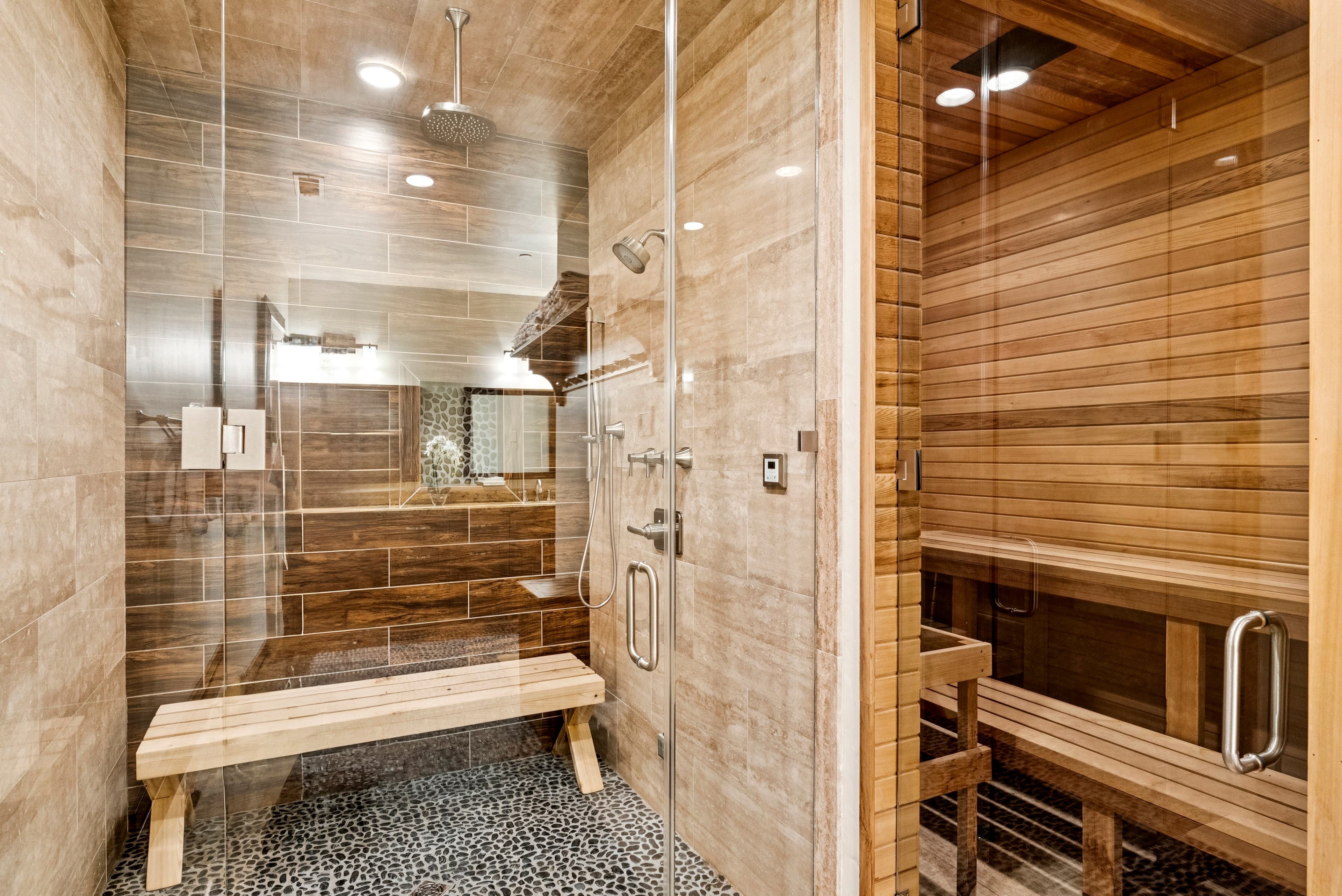 custom sauna and steam room at grandview with stylish trims